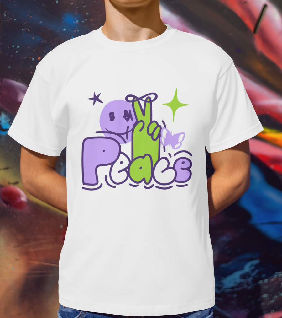 Peace Doodle Smiley Face Butterfly Star Purple Green T-Shirt