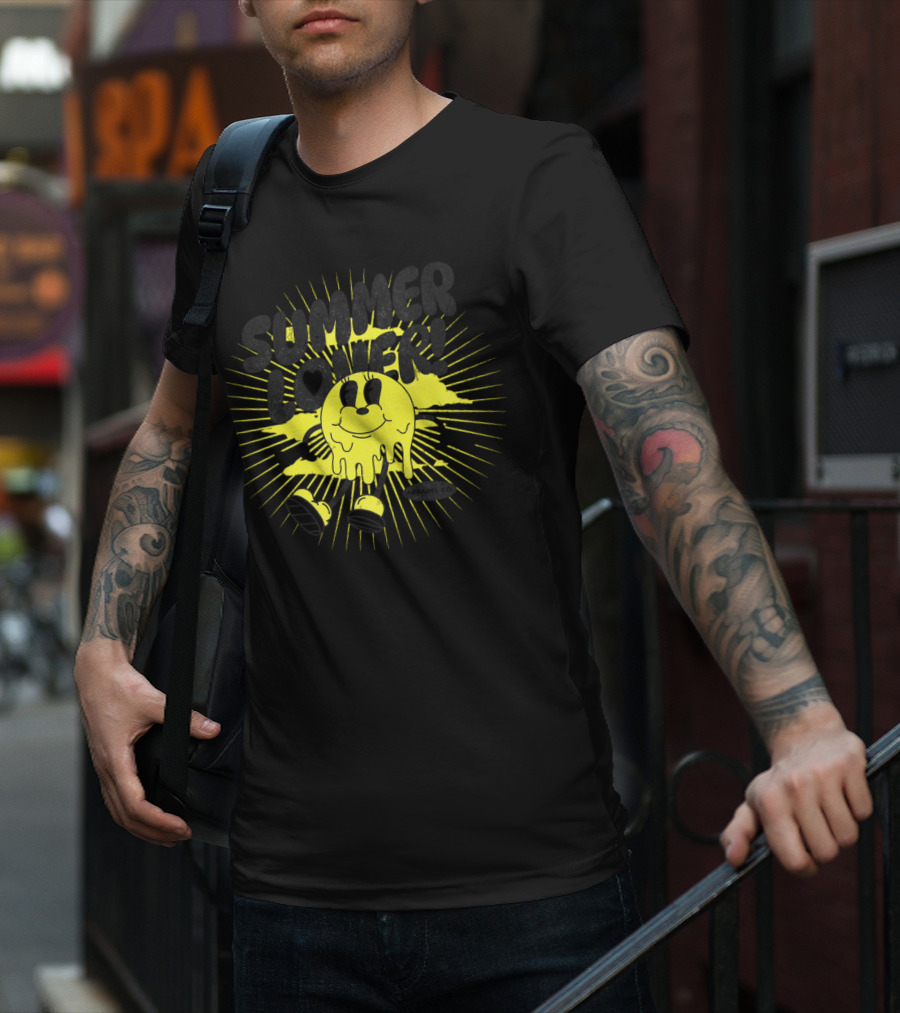 Summer Lover Cartoon Melting Smiley With Radiant Sunburst Background T-Shirt