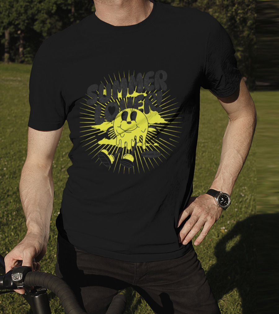 Summer Lover Cartoon Melting Smiley With Radiant Sunburst Background T-Shirt