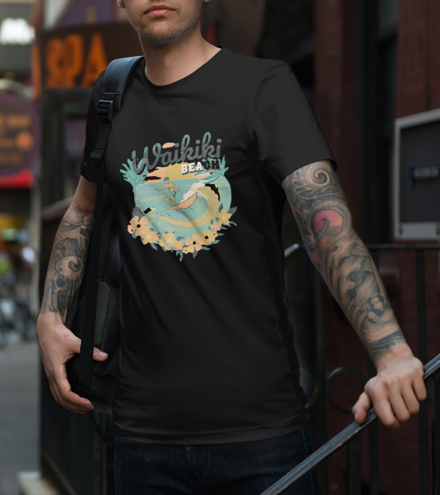 Waikiki Beach Vintage Surfing Adventure Floral T-Shirt