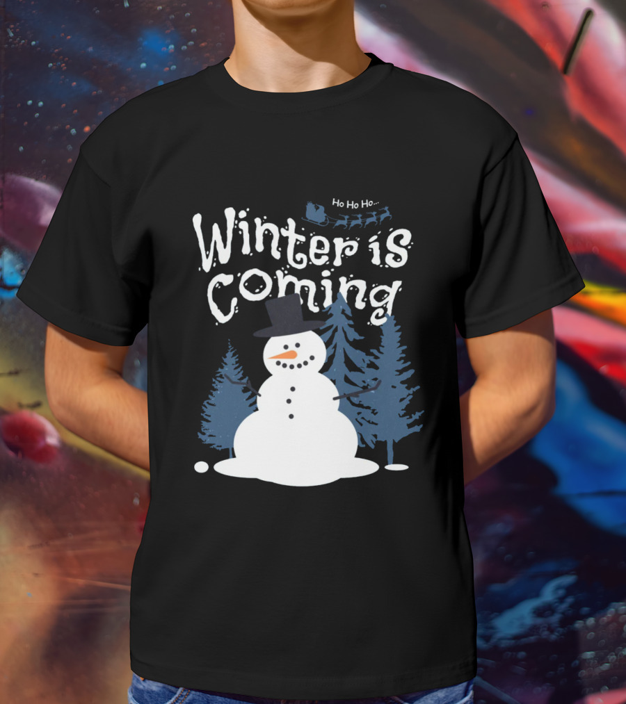 Winter Is Coming Snowman With Ho Ho Ho Santa Sleigh T-Shirt