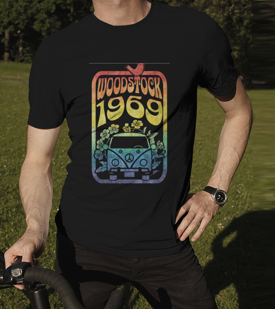 Woodstock 1969 Colorful Campervan Peace Symbol With Flowers T-Shirt