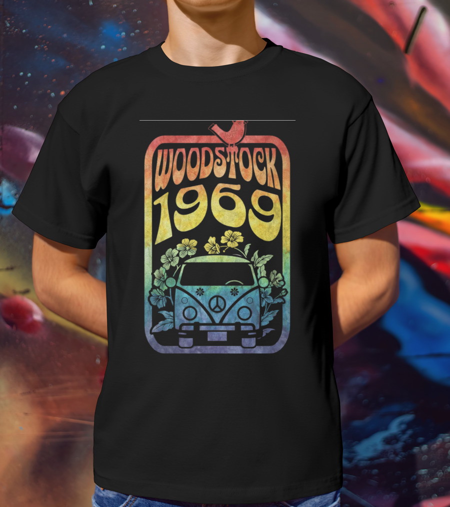 Woodstock 1969 Colorful Campervan Peace Symbol With Flowers T-Shirt