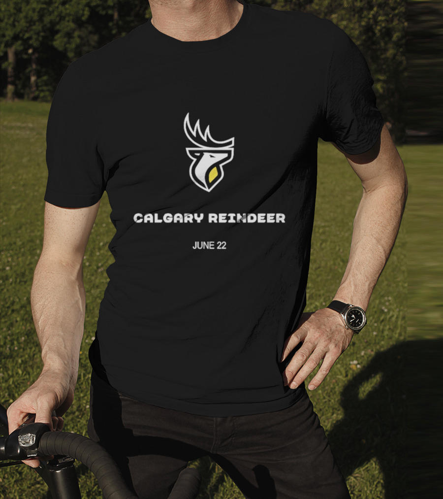 Calgary Reindeer June 22 Logo White Antlered Emblem T-Shirt