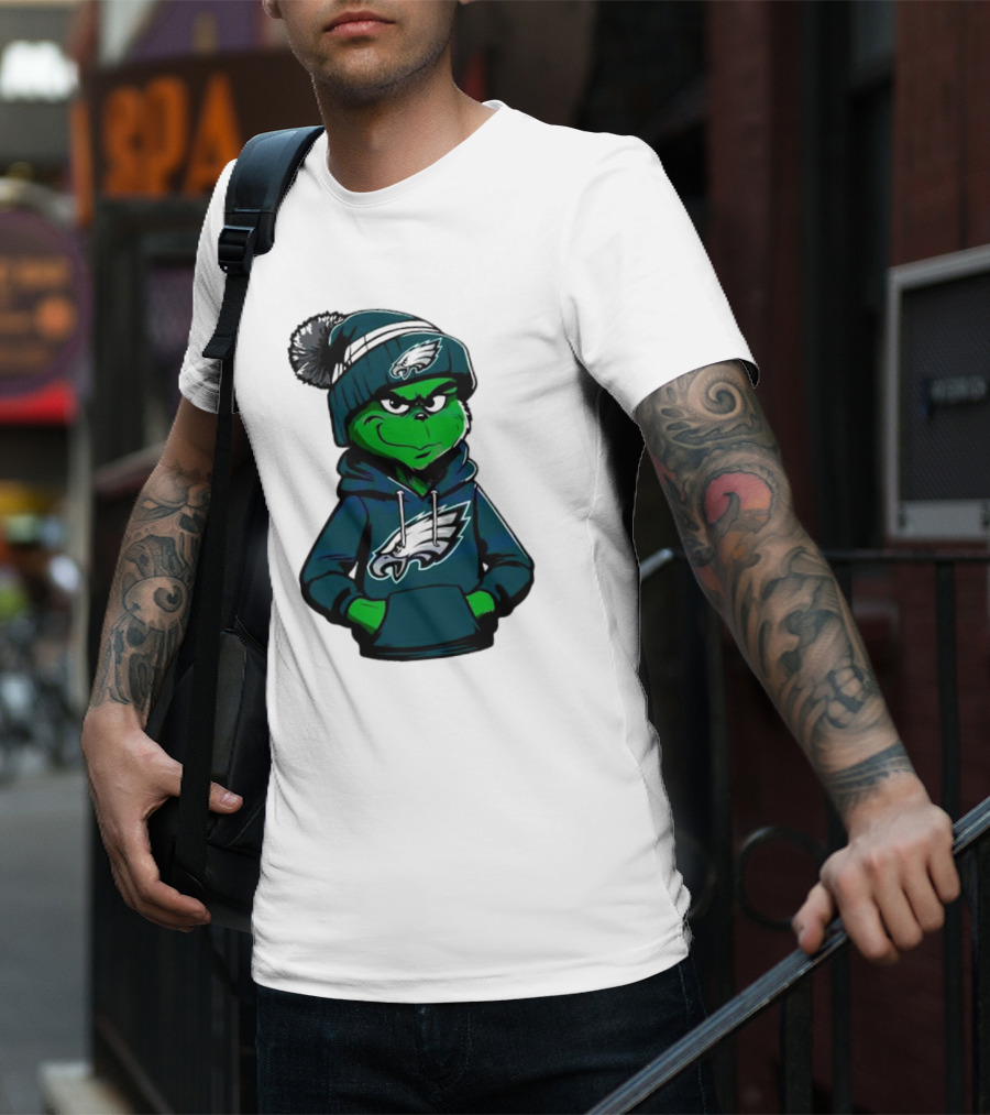 Grinch Dressed In Philadelphia Eagles Hoodie And Hat T-Shirt