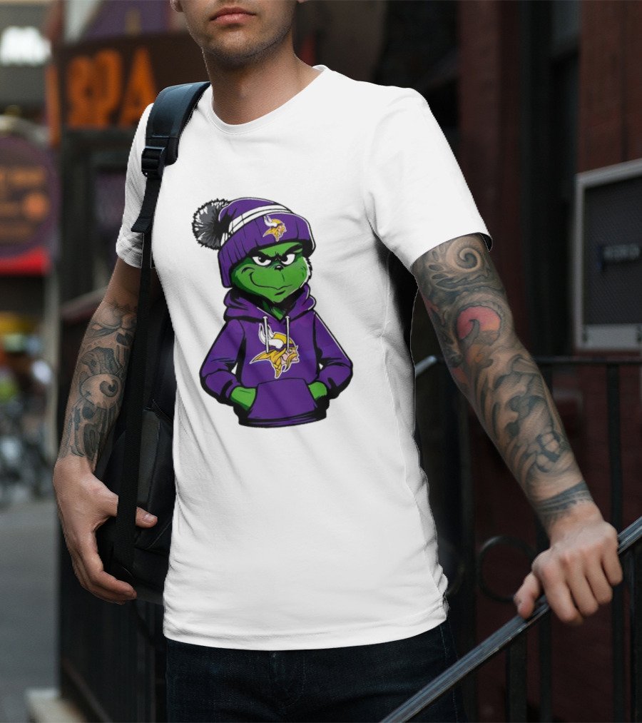 Grinch In Minnesota Vikings Hoodie And Hat With Team T-Shirt