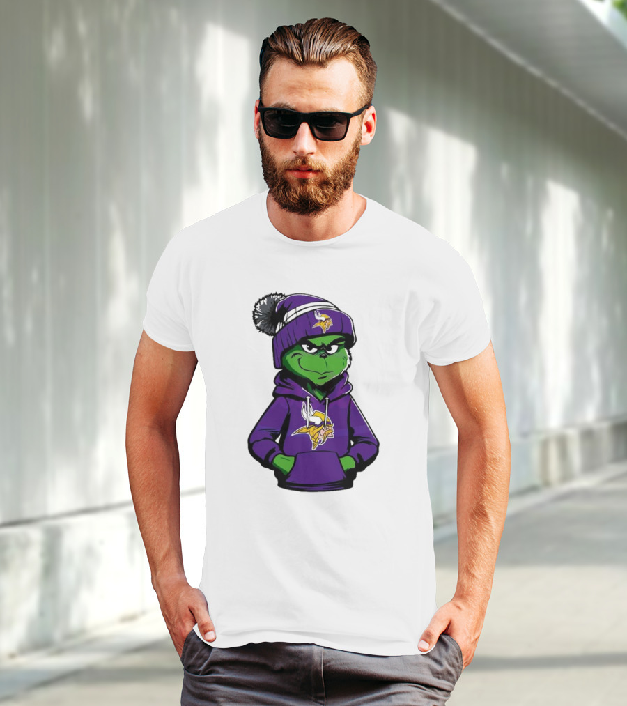 Grinch In Minnesota Vikings Hoodie And Hat With Team T-Shirt