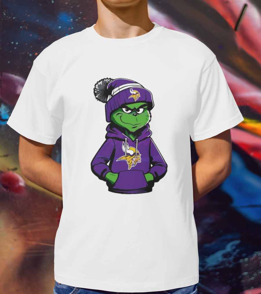 Grinch In Minnesota Vikings Hoodie And Hat With Team T-Shirt