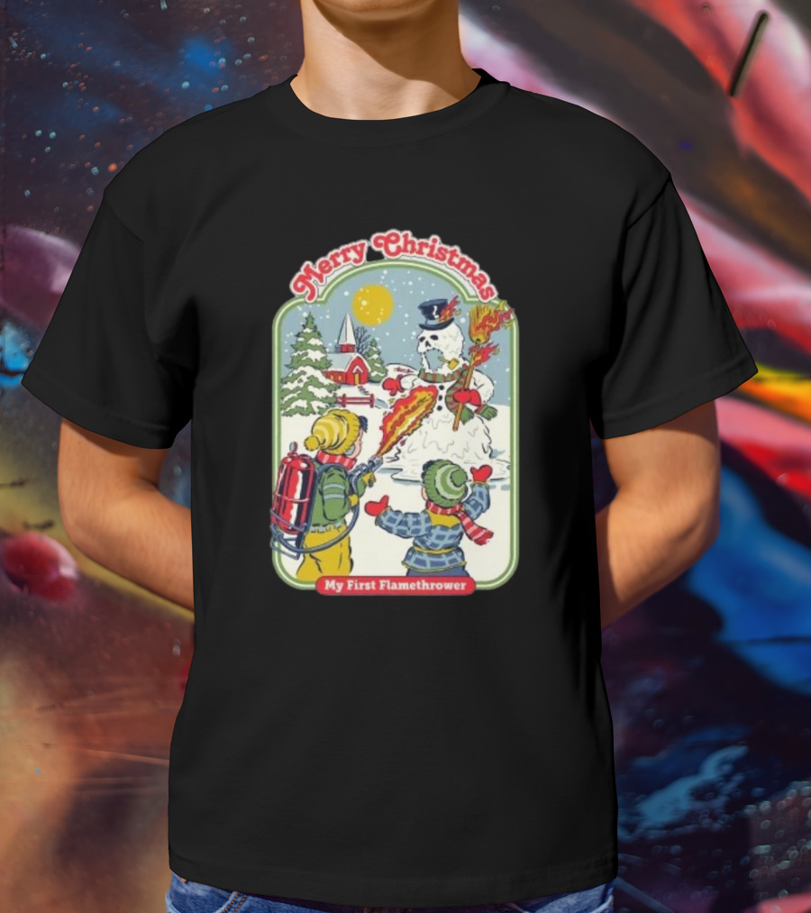 Merry Christmas My First Flamethrower Vintage Snowman Scene T-Shirt