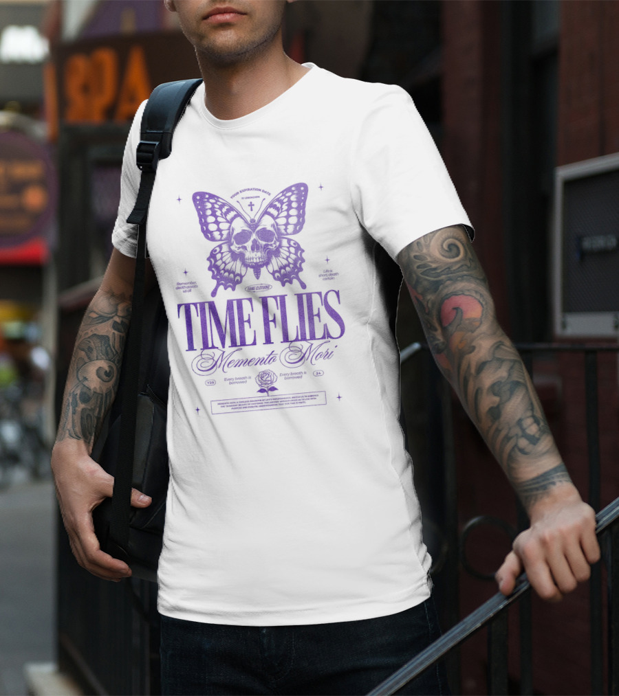TIME FLIES Memento Mori Butterfly Skull T-Shirt