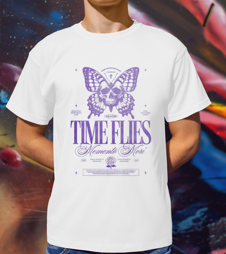 TIME FLIES Memento Mori Butterfly Skull T-Shirt