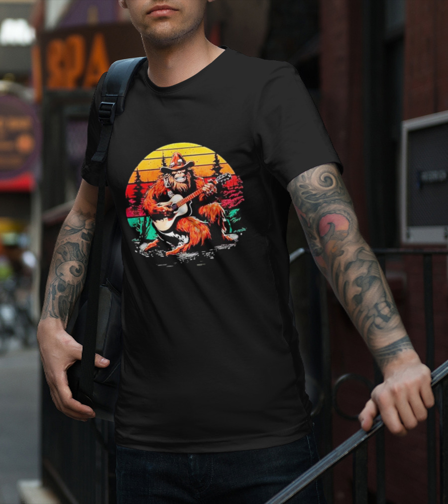 Bigfoot Playing Guitar Retro Sunset Forest Vintage Styles T-Shirt
