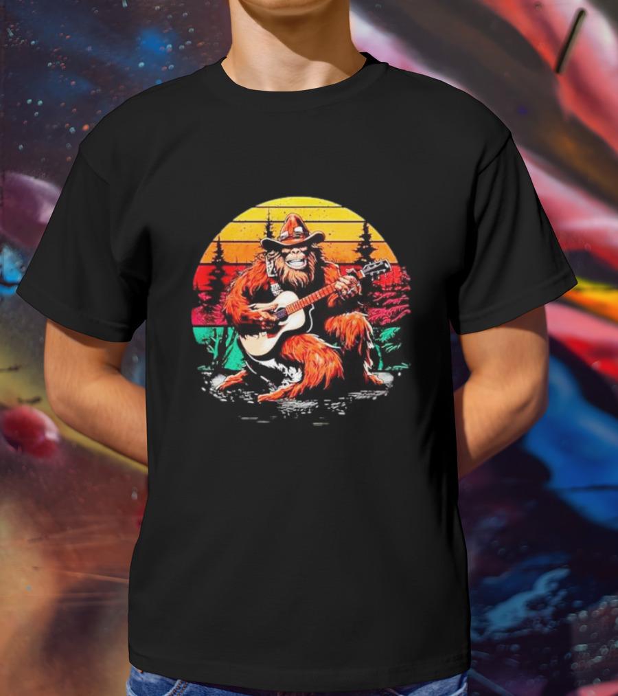 Bigfoot Playing Guitar Retro Sunset Forest Vintage Styles T-Shirt