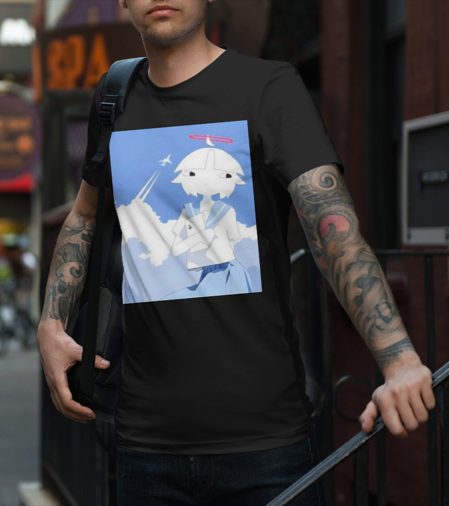 Chew’s District Clowdy Angelic Character Holding Notebook In Blue Sky With Airplane T-Shirt