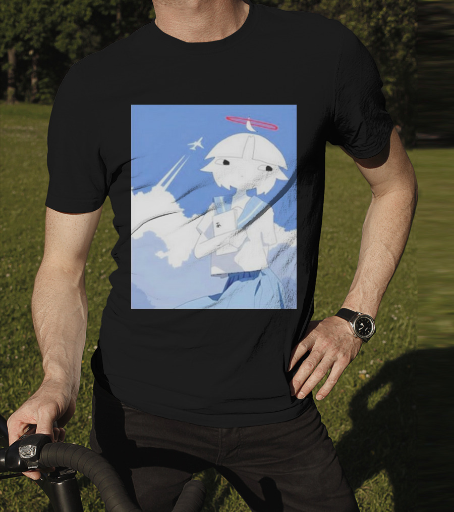 Chew’s District Clowdy Angelic Character Holding Notebook In Blue Sky With Airplane T-Shirt