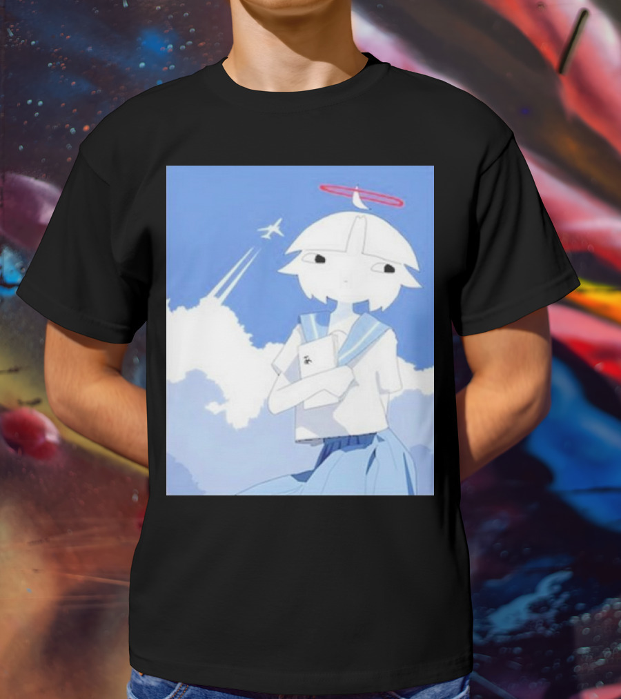 Chew’s District Clowdy Angelic Character Holding Notebook In Blue Sky With Airplane T-Shirt