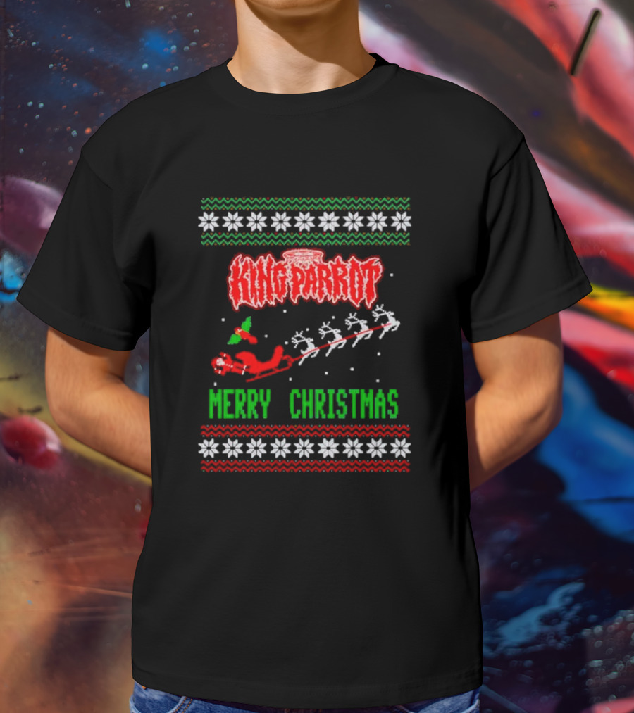 King Parrot Merry Christmas Ugly Sweater Rudolf Reindeer Sleigh Snowflakes T-Shirt