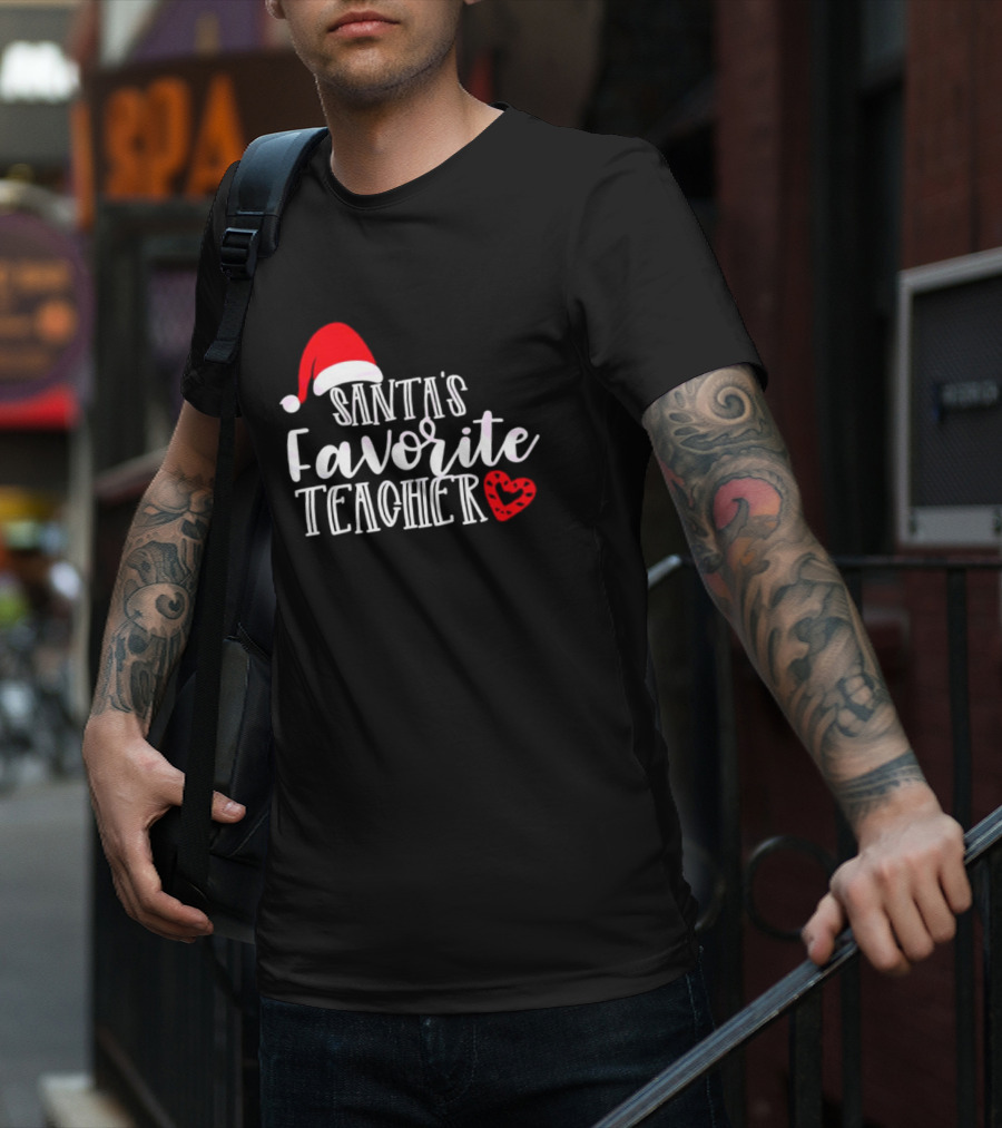 Santa's Favorite Teacher Christmas Red Heart Santa Hat T-Shirt
