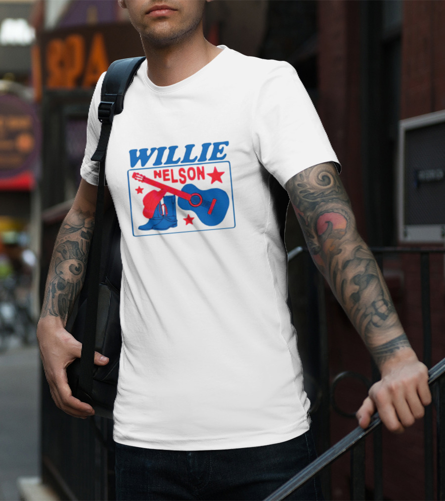 WILLIE NELSON Guitar Cowboy Boots Hat Stars T-Shirt