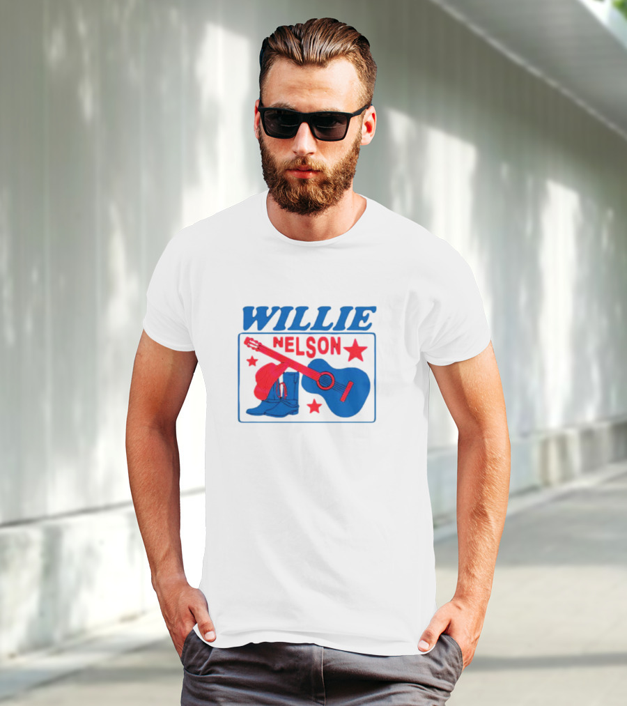 WILLIE NELSON Guitar Cowboy Boots Hat Stars T-Shirt