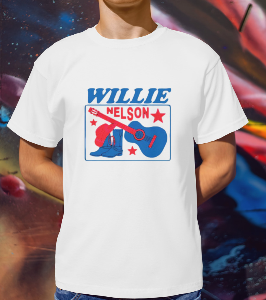 WILLIE NELSON Guitar Cowboy Boots Hat Stars T-Shirt