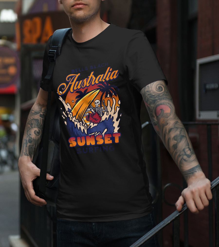 Bells Beach Australia Sunset Surfing Skeleton On Wave With Palm Trees T-Shirt