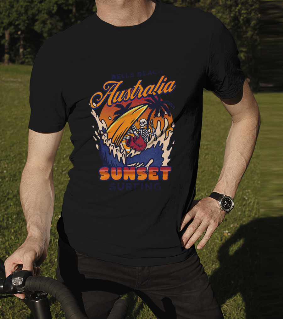 Bells Beach Australia Sunset Surfing Skeleton On Wave With Palm Trees T-Shirt