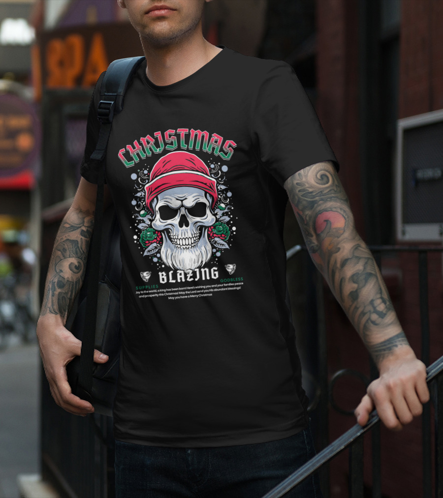 CHAJISMIS Blazing Skull Joy To The World Merry Christmas T-Shirt