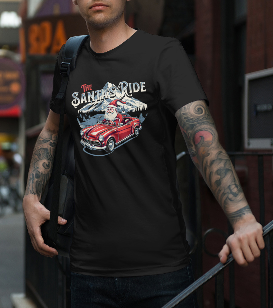 The Santa's Ride With Classic Red Convertible In Winter Mountain Scene T-Shirt