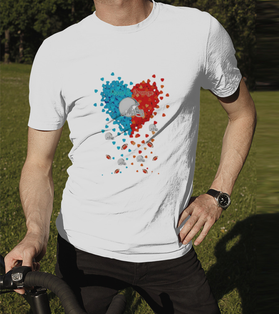 Miami Dolphins Aqua And Orange Heart With Football Helmets And Hearts T-Shirt