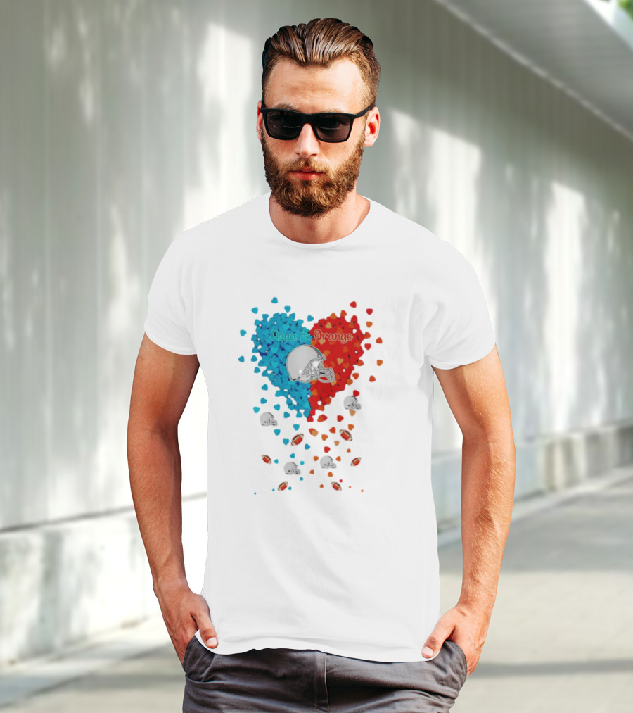 Miami Dolphins Aqua And Orange Heart With Football Helmets And Hearts T-Shirt