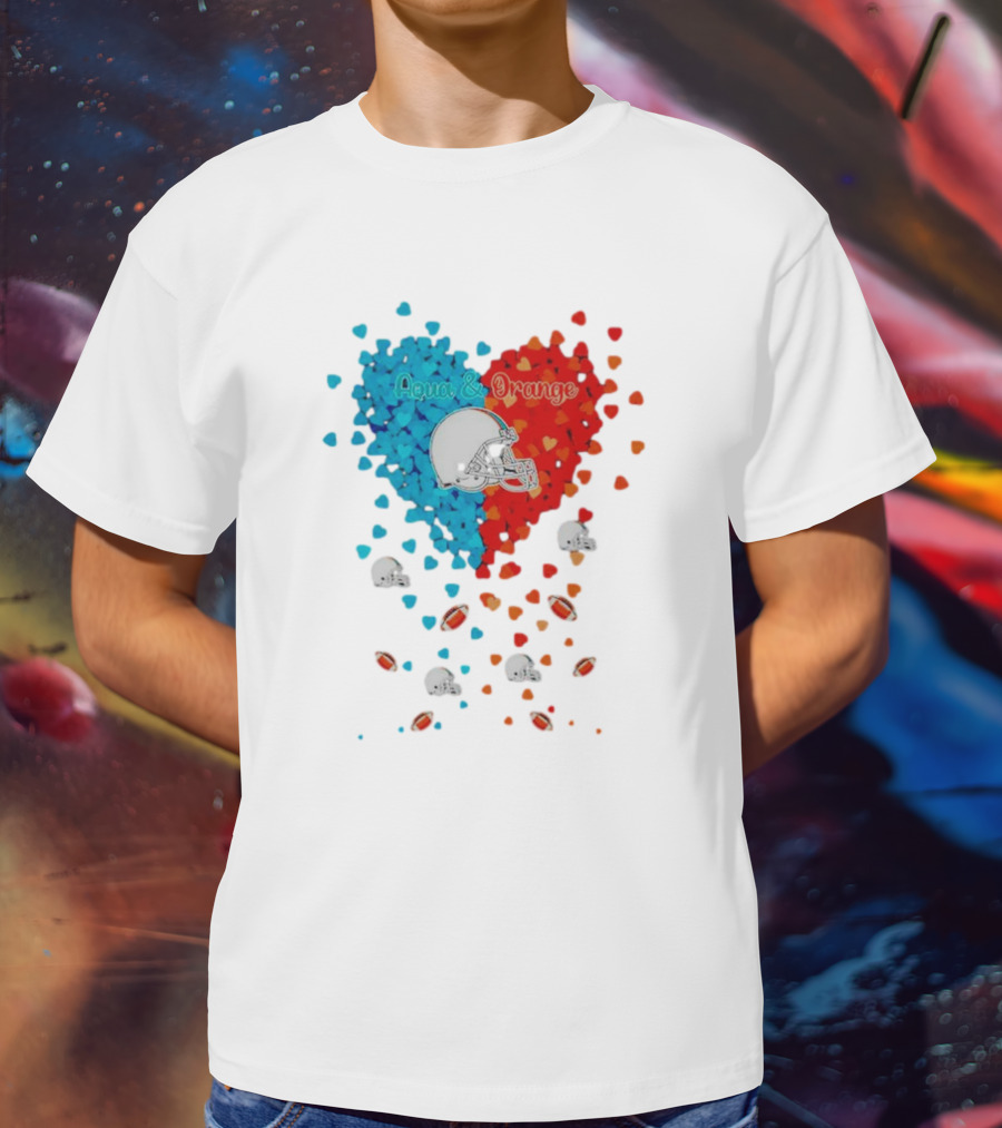 Miami Dolphins Aqua And Orange Heart With Football Helmets And Hearts T-Shirt