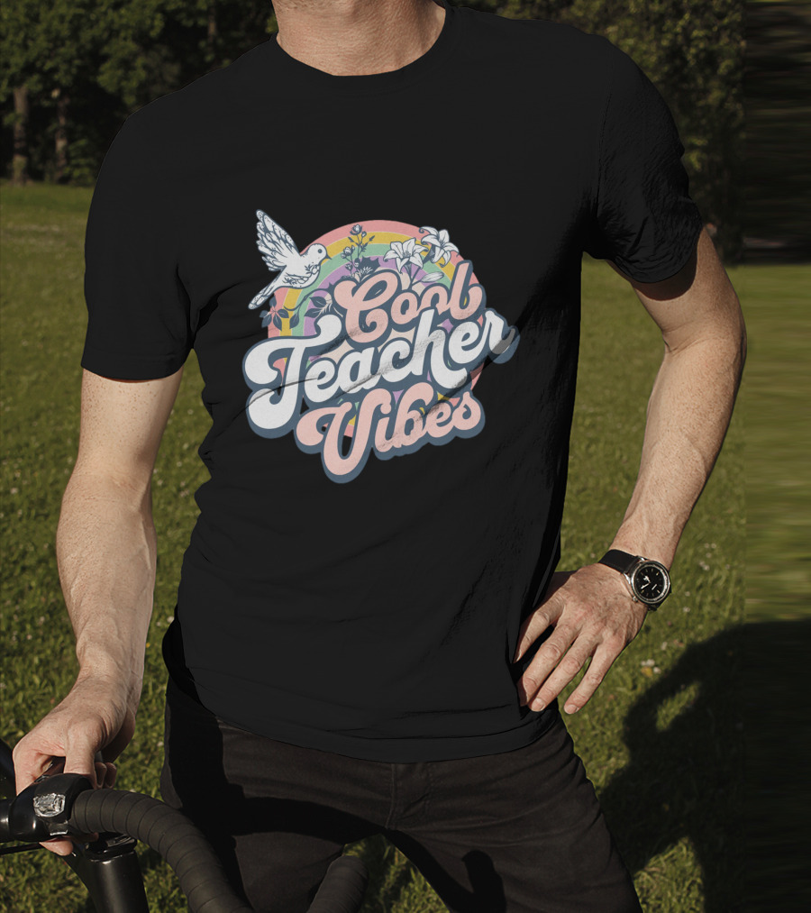 Cool Teacher Vibes Retro Rainbow Floral Design With Dove T-Shirt