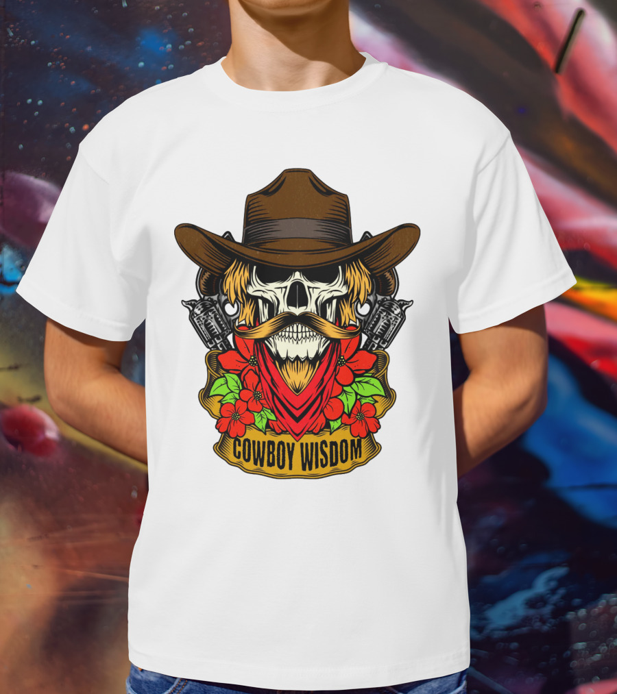 Cowboy Wisdom Skull Western Skeleton Bandana Pistols Flowers T-Shirt