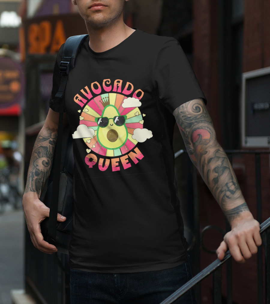 Kawaii Avocado Queen Retro Rainbow Sunburst With Clouds And Sunglasses T-Shirt