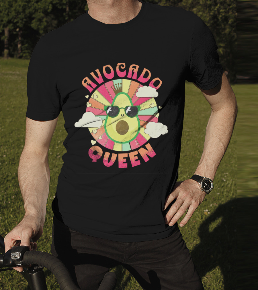 Kawaii Avocado Queen Retro Rainbow Sunburst With Clouds And Sunglasses T-Shirt