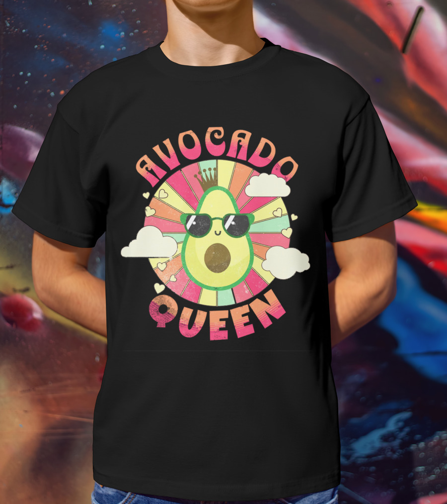 Kawaii Avocado Queen Retro Rainbow Sunburst With Clouds And Sunglasses T-Shirt