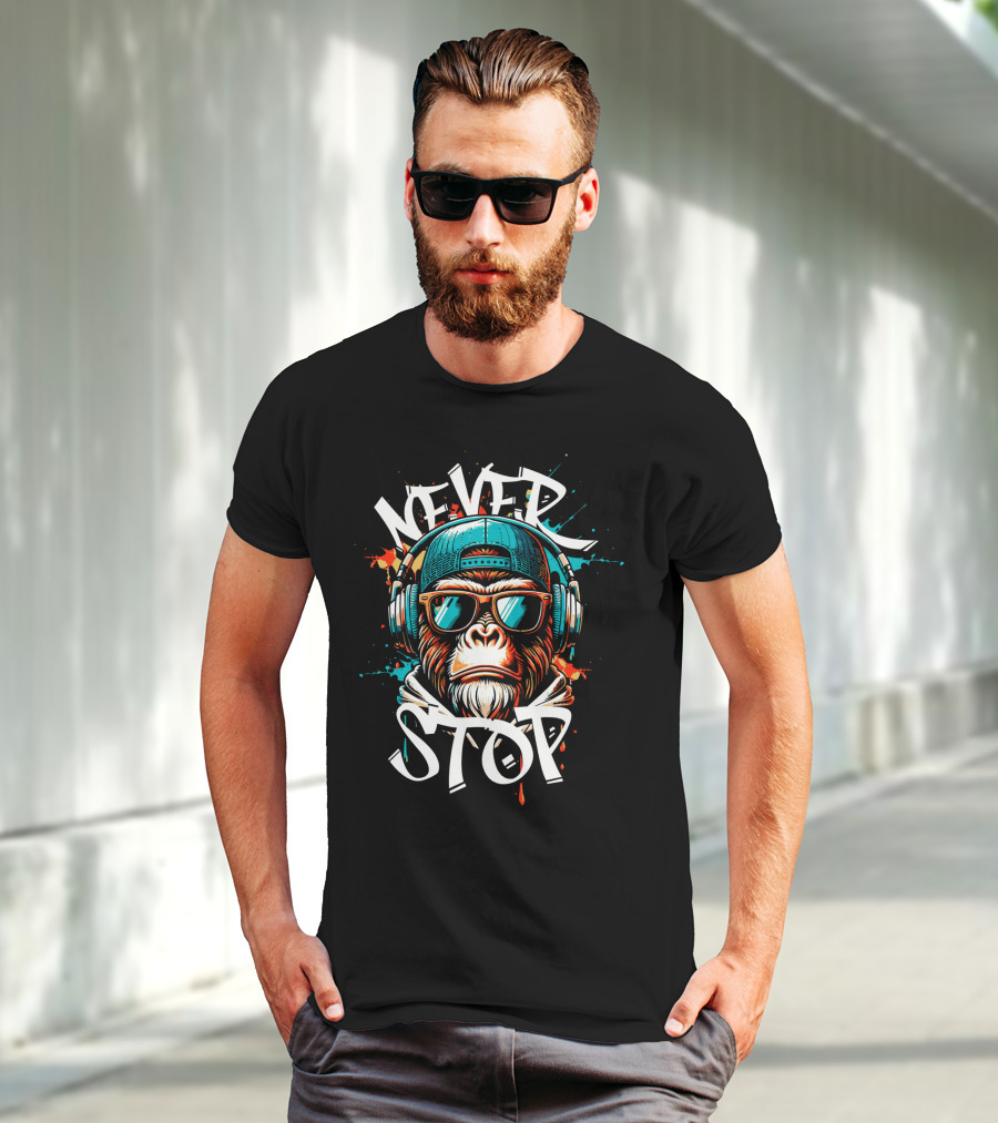 Never Stop Headphones Monkey With Sunglasses And Cap T-Shirt