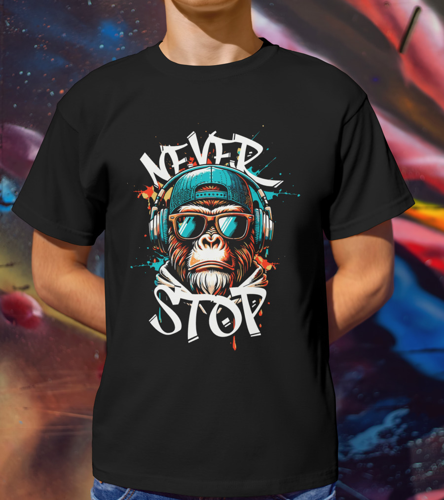 Never Stop Headphones Monkey With Sunglasses And Cap T-Shirt