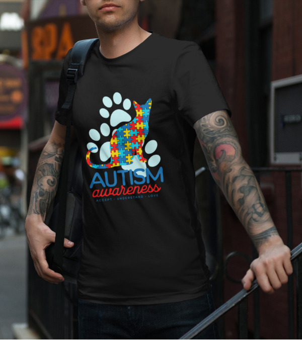 Autism Awareness Accept Understand Love Puzzle Cat Paw T-Shirt