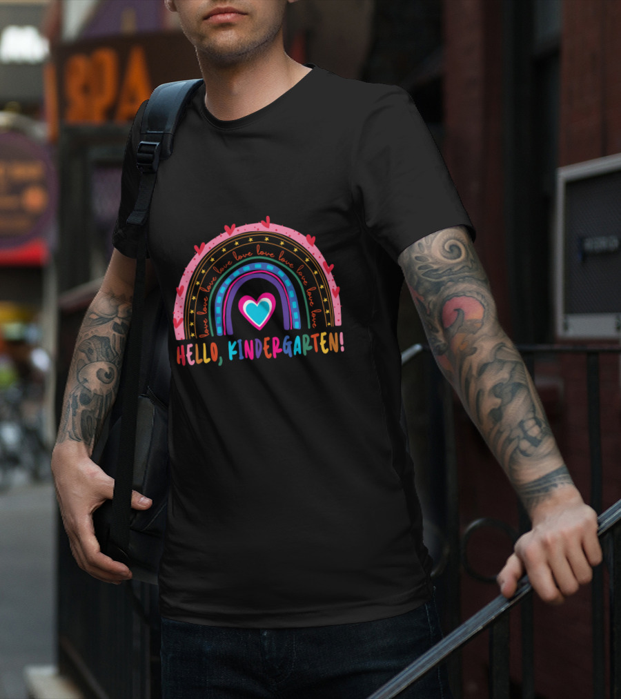 Hello Kindergarten Love Rainbow Hearts Back To School T-Shirt