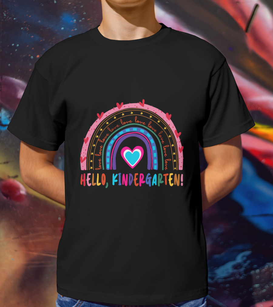 Hello Kindergarten Love Rainbow Hearts Back To School T-Shirt