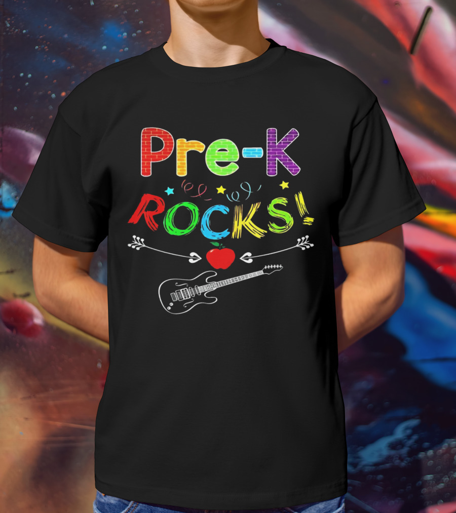 Pre-K Rocks Funny Kids Teachers Back To School With Guitar And Apple T-Shirt