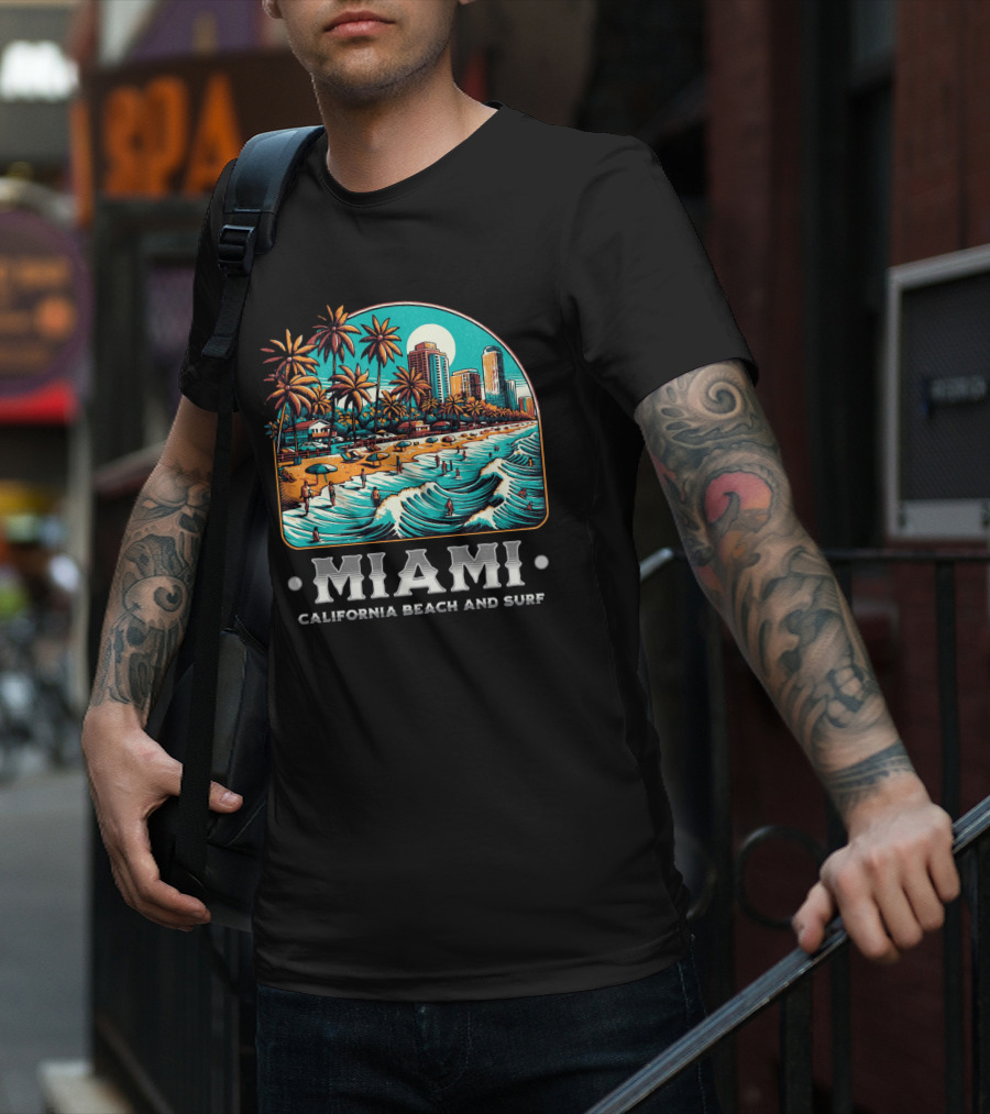 Miami Beach And Surf California Palm Skyline Ocean Waves T-Shirt