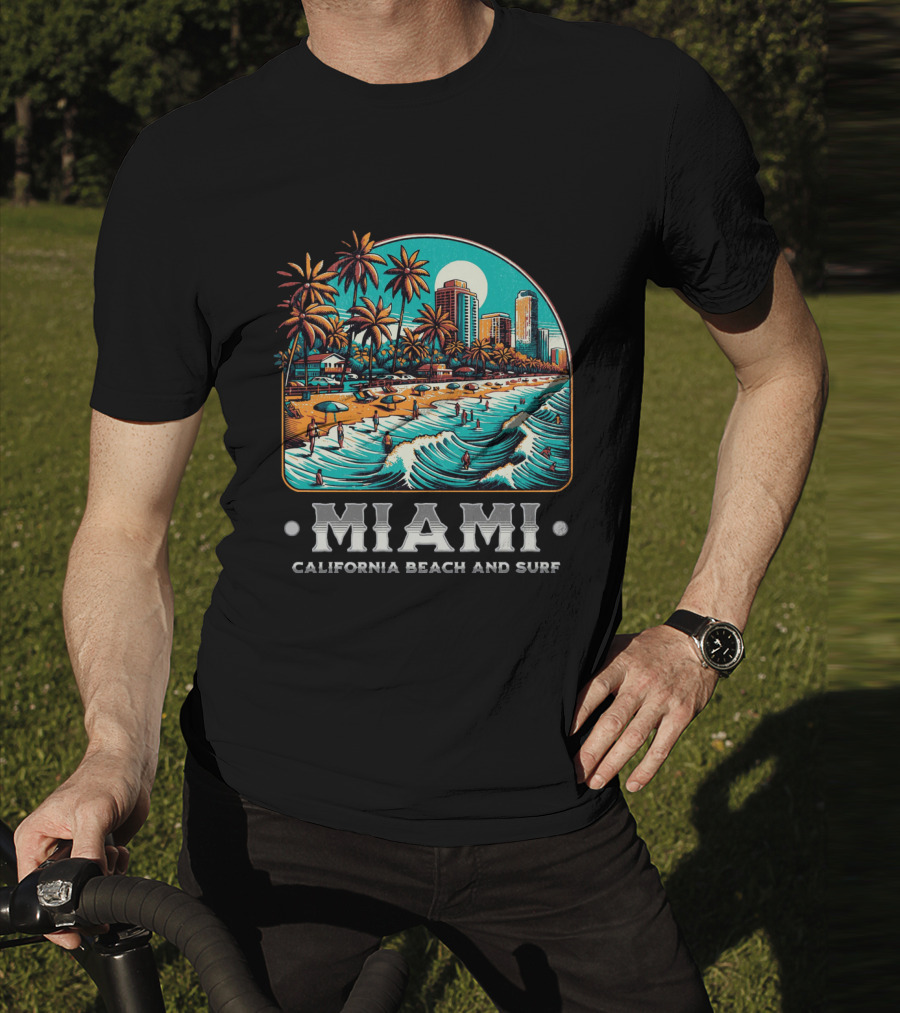 Miami Beach And Surf California Palm Skyline Ocean Waves T-Shirt