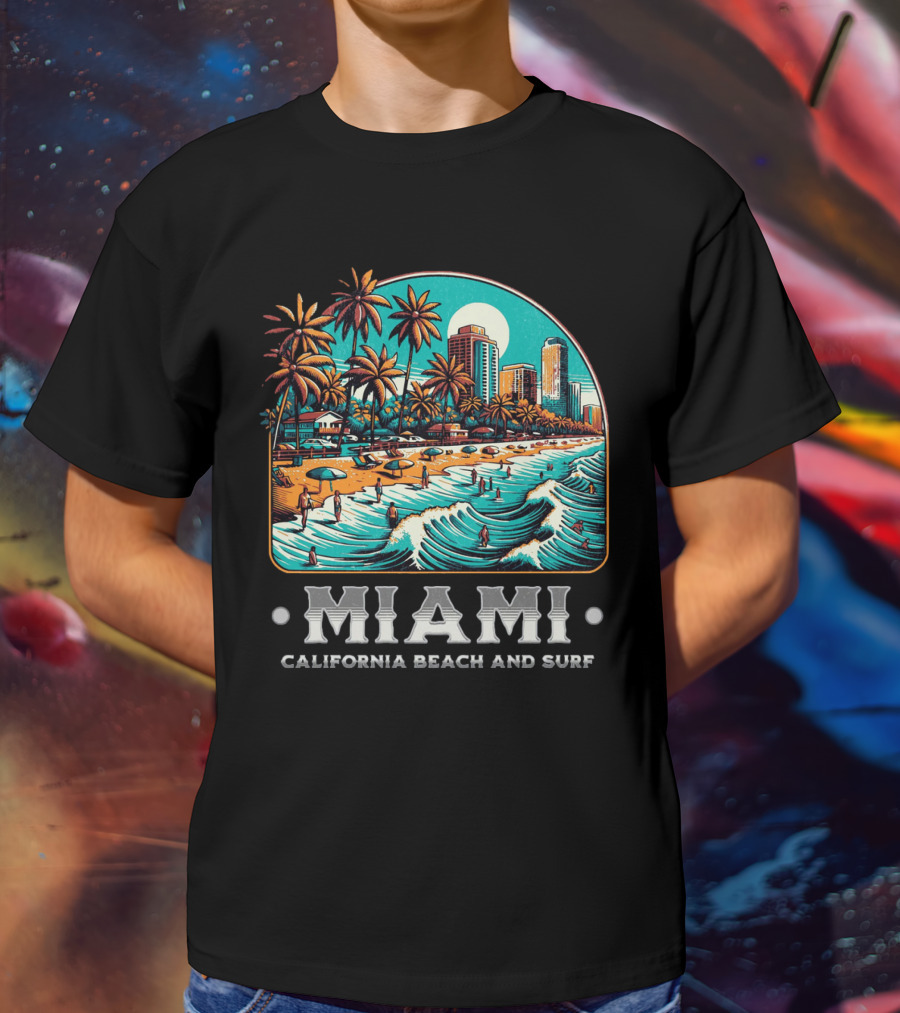 Miami Beach And Surf California Palm Skyline Ocean Waves T-Shirt