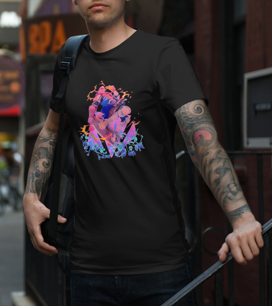 Skateboard Knight Neon Fantasy Warrior On Shredding Skeletons T-Shirt