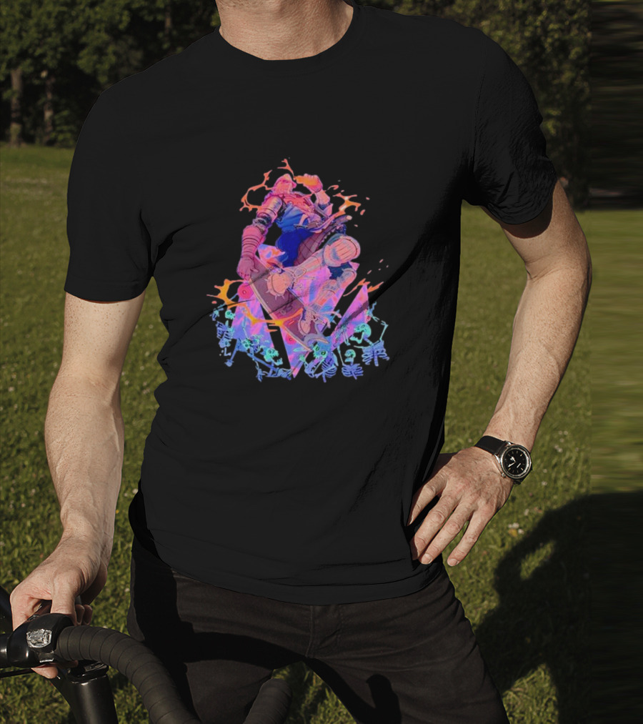 Skateboard Knight Neon Fantasy Warrior On Shredding Skeletons T-Shirt