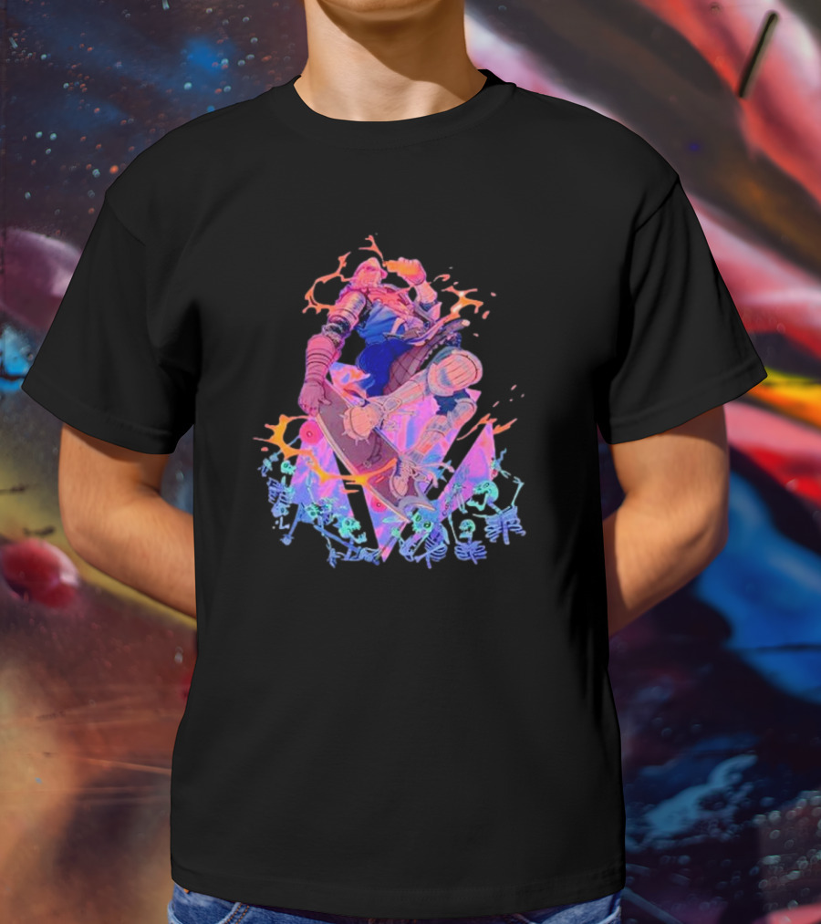 Skateboard Knight Neon Fantasy Warrior On Shredding Skeletons T-Shirt