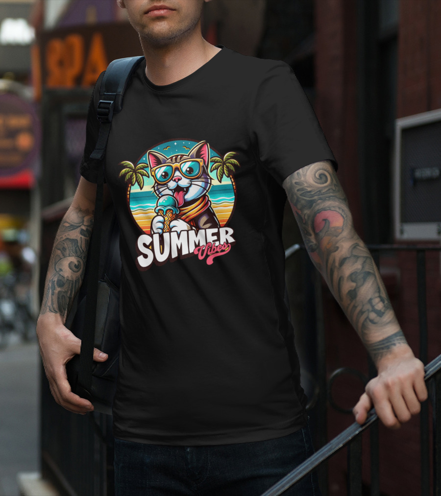 Summer Vibes Cat With Sunglasses And Ice Cream Ocean Sunset Palms T-Shirt